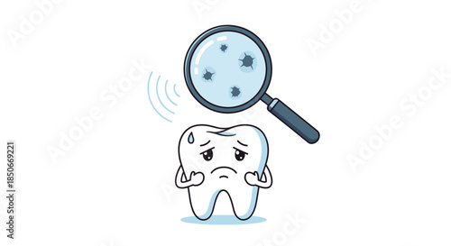 Unhappy tooth character with cavities and a magnifying glass showing dental issues for children oral health education concepts.