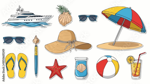 Summer Beach Vacation Essentials and Leisure Items Collection.