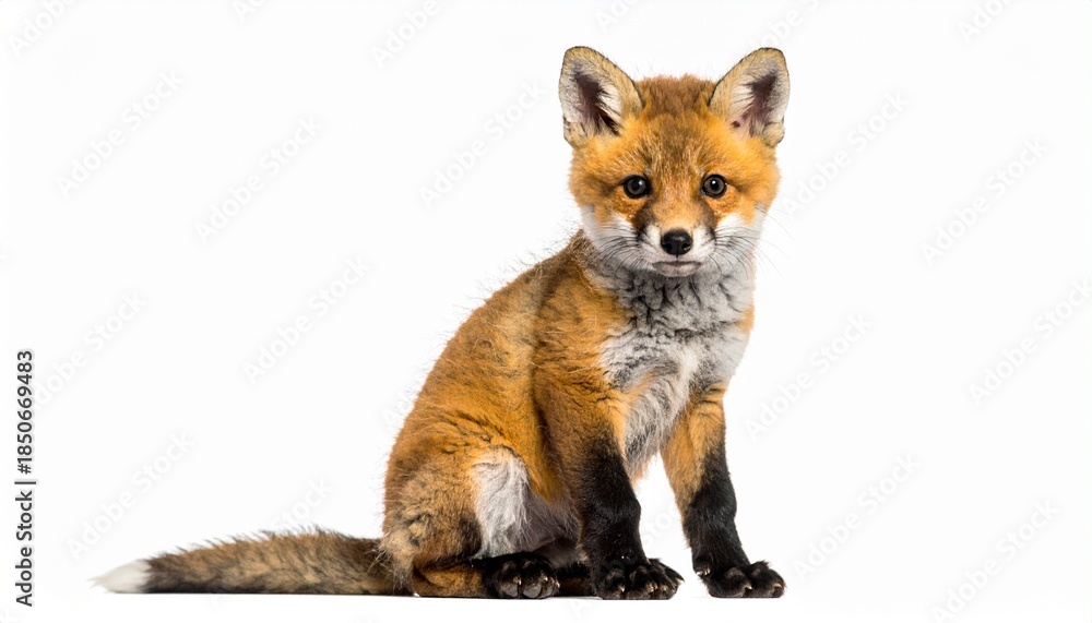 Fototapeta premium Young Red Fox Sitting Against Plain White Background Looking Directly at Camera