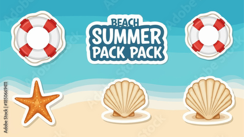 Summer Beach Pack With Seashells Starfish And Lifebuoys.