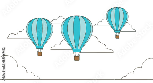 Three blue and turquoise striped hot air balloons floating among white clouds in a bright sky for adventure and travel concepts.