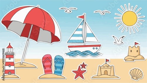 Beach vacation elements including umbrella sailboat lighthouse sandcastles and flip flops.