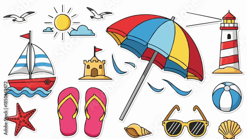 Collection of beach vacation and summer holiday icons and elements.