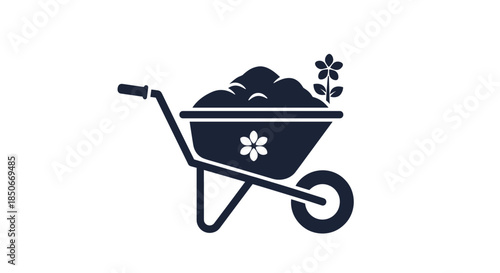 Black silhouette of a gardening wheelbarrow filled with soil and a single flower growing from it isolated on a white background.