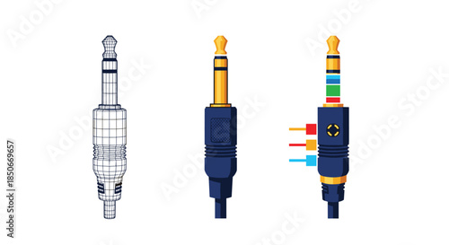 Three variants of a three point five millimeter audio jack connector including an outline, a simple color, and a detailed version.