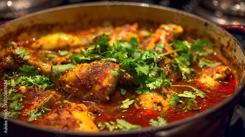 Close-up of a flavorful spicy chicken curry simmering in a kitchen pot.