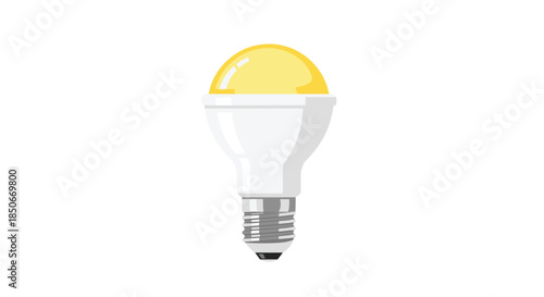 Modern energy efficient LED light bulb with a white plastic body and yellow glowing top isolated on a plain white background.