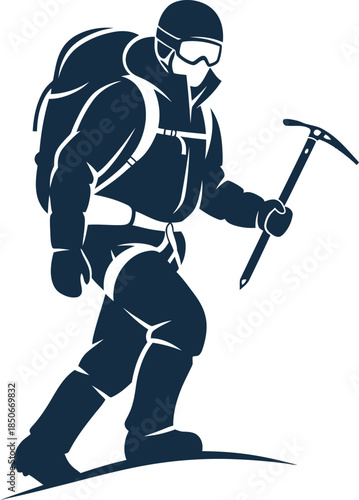 Professional mountaineer silhouette vector in dark blue. Features an alpinist with a backpack and ice axe climbing upward. Perfect for outdoor adventure logos, hiking apparel, and mountain sports.