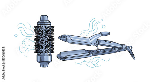 Electric hair styling tools including a round hot air brush and a flat iron with steam or heat waves illustration isolated on white.