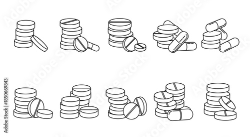 Set of black and white line icons depicting different stacks and arrangements of pills and capsules for medical and pharmacy use.