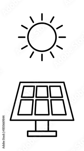 スタンド型の太陽光発電パネルのアイコン　白黒線画のベクターイラスト