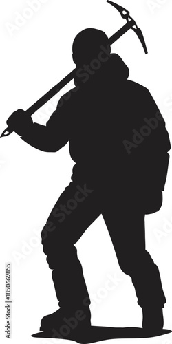 Dynamic black silhouette vector of a mountaineer carrying an ice axe over their shoulder. Perfect for hiking apparel, adventure logos, and mountain trekking graphics with a minimalist style.