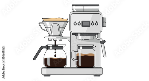 Detailed illustration of a professional espresso coffee machine with dual glass carafes and metallic finish isolated on white.