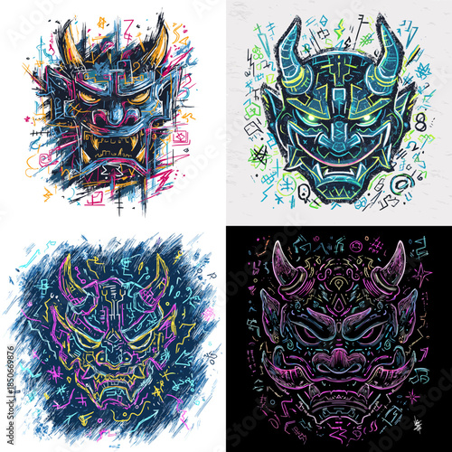 Colorful tribal mask illustration with expressive lines and abstract patterns. Mythical cultural character artwork inspired by ritual symbolism and fantasy aesthetics.