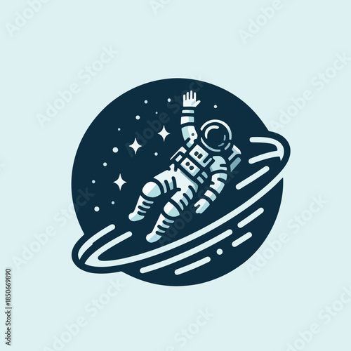 Astronaut floating in space with stars and planet ring.