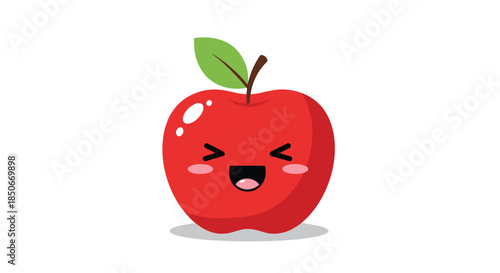 Adorable red apple character with a happy smiling face, closed eyes, and a green leaf isolated on white for healthy eating themes.