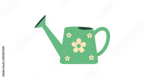 Teal green watering can decorated with yellow flowers isolated on white background for gardening and spring time concepts.