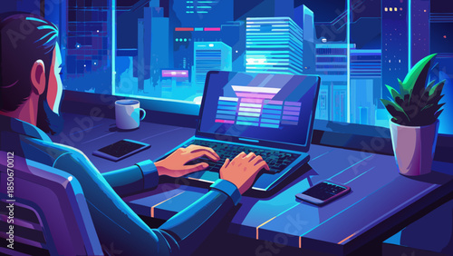 Modern workspace at night