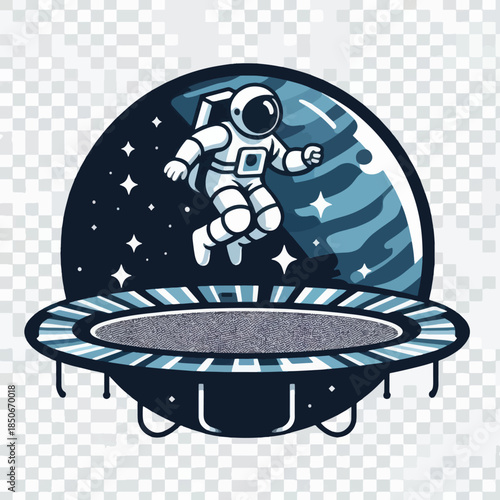 Astronaut jumping on a trampoline in space with a planet and stars.