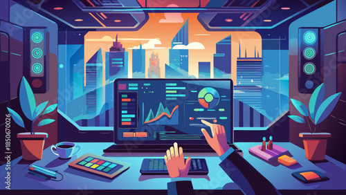 Analyzing market trends in futuristic office