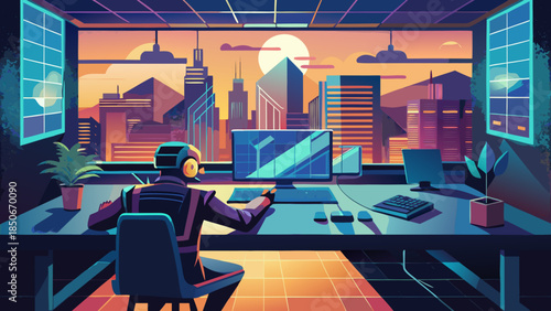 Gamer in futuristic cityscape
