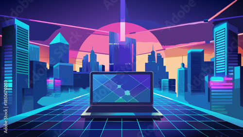 Virtual cityscape on laptop screen