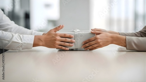 Hands exchanging a white gift box on a light table surface