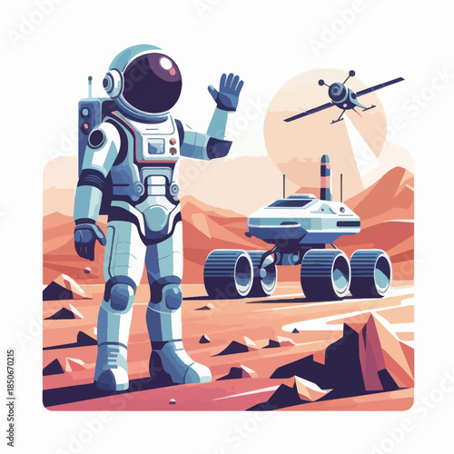 Astronaut waving hello on a Mars mission with rover and drone.