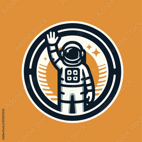 Astronaut Waving in Space Emblematic Design Exploration and Discovery.