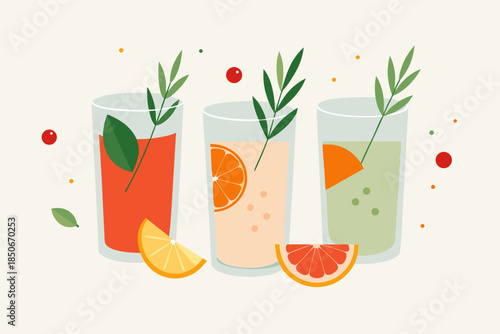 Festive Drinks with Herbs and Citrus Vector Illustration