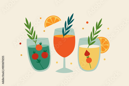 Festive Drinks with Herbs and Citrus Vector Illustration