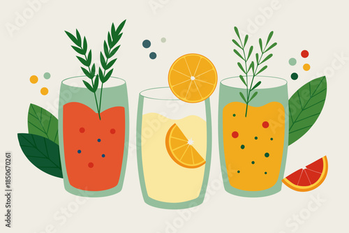 Festive Drinks with Herbs and Citrus Vector Illustration