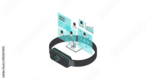 virtual reality headset projecting data dashboards and user profiles in isometric style illustrating remote work analytics and hr tech