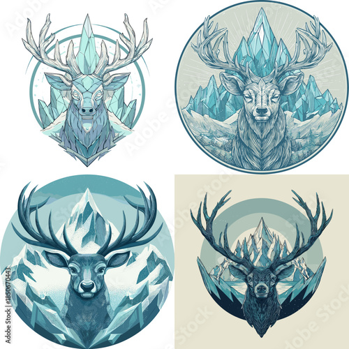 Stylized deer spirit emblems featuring antlered heads blended with icy mountains and mist to convey calm strength nature balance and mystical wilderness themes.