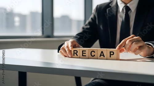 Businessman arranging wooden blocks with the word recap on a desk in an office setting