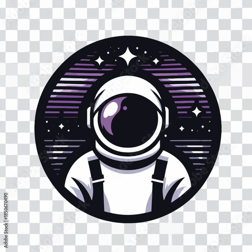 Stylized astronaut portrait in a circular space emblem.