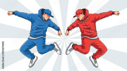 Vector illustration of two energetic young men in contrasting red and blue tracksuits performing a dynamic, gravity-defying hip-hop jump against a radial background.
