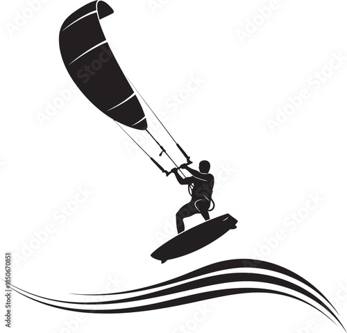 Dynamic black silhouette vector of a kitesurfer jumping over a wave. This high-action kiteboarding graphic is perfect for water sports branding, beach lifestyle logos, and extreme summer adventure.