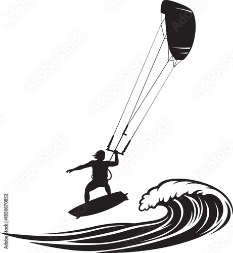 Professional black silhouette vector of a kitesurfer riding a large, curling ocean wave. This dynamic extreme sports graphic is ideal for surf shop branding, travel logos, and summer adventure art.
