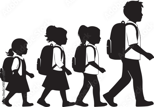 School Children Walking with Backpacks Silhouette Illustration