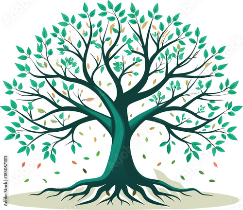 Large tree with green leaves and extensive root system roots branches