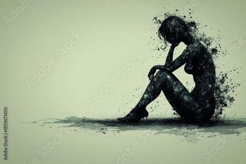 Silhouette of a woman sitting, dissolving into abstract splatters