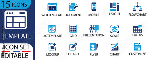 SaaS Web Template & UX Design Icons: Editable Line Art Vector Set. icon, vector, web, template, layout, flowchart, wire frame and more.Solid icons collection.