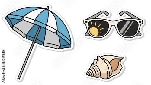 Beach Vacation Essentials - Umbrella Sunglasses and Seashell.