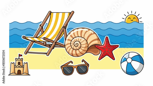Beach vacation essentials and seaside elements for summer fun.