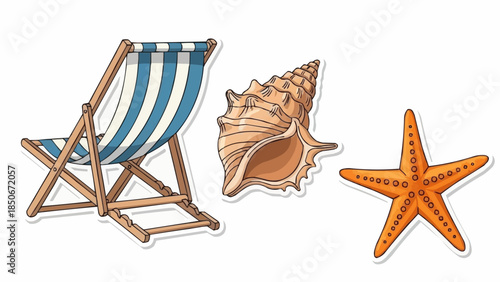 Beach Chair Seashell and Starfish Summer Vacation Objects.