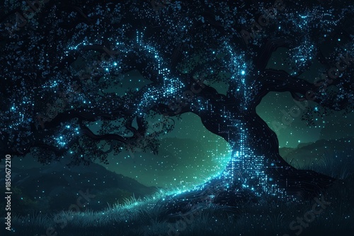 Mystical glowing tree with digital circuit patterns at night
