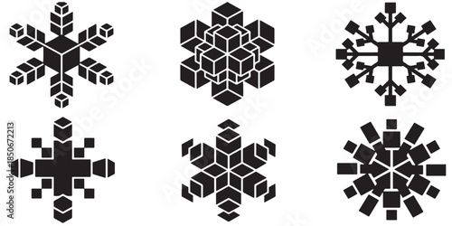 Collection of six stylized snowflake icons in black and white, featuring geometric cube designs.