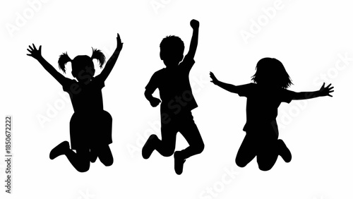 Three Silhouettes of Children Jumping Joyfully.