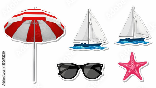 Beach Vacation Essentials Collection with Sailboats and Starfish.